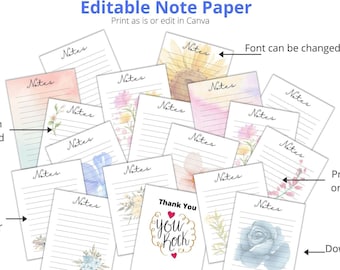 beautiful paper for writing Editable Note Paper, PDF, Pretty Printable Notes. stationary. writing paper, Templates