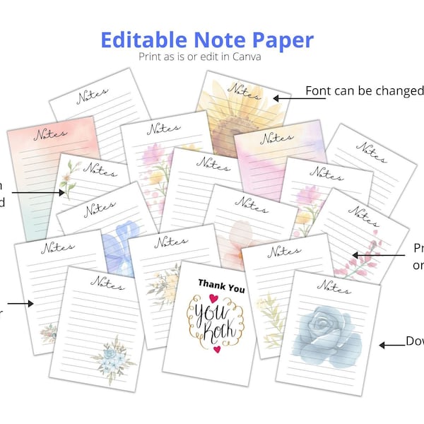 Editable Note Paper, PDF, Pretty Printable Notes. stationary. writing paper, Templates