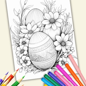 以下が含まれることがあります： 花に囲まれた2つのイースターエッグの白黒の線画。卵は複雑な模様で飾られています。花は咲き誇り、繊細な花びらを持っています。