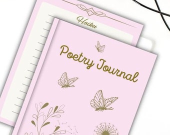 Poetry Journal, writing workbook, Poetry writing journal, Printable Journal, 24 pages, Student poetry journal, pink and gold pages.