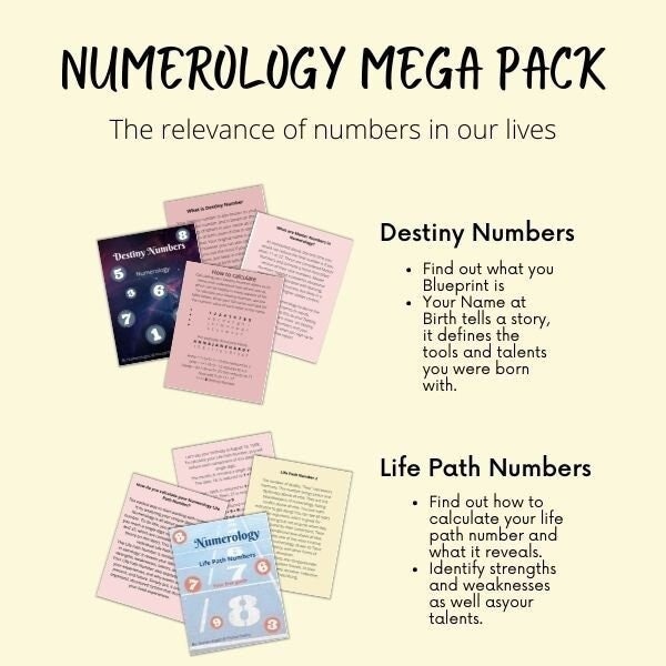 Numerology Book, Mega Pack PDF, Destiny Numbers, Life Path, Personal year numbers and House number meanings, 50 pages.