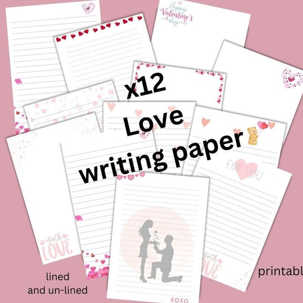 Love Writing Paper, Love notes paper, Valentine's Day stationary, Pink Love Hearts writing Paper, A4/US size, x12 printable writing paper.