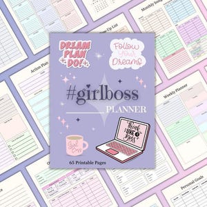 May include: A planner with a purple cover featuring the text "#girlboss PLANNER" and illustrations of a laptop, coffee mug, and inspirational phrases. The planner includes 65 printable pages and is surrounded by other planning sheets.