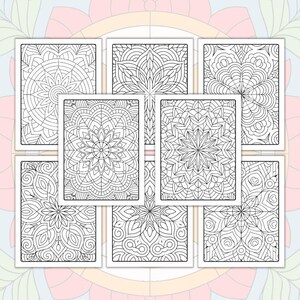 May include: Set of eight black and white mandala coloring pages. Each page features a different intricate design with geometric patterns.