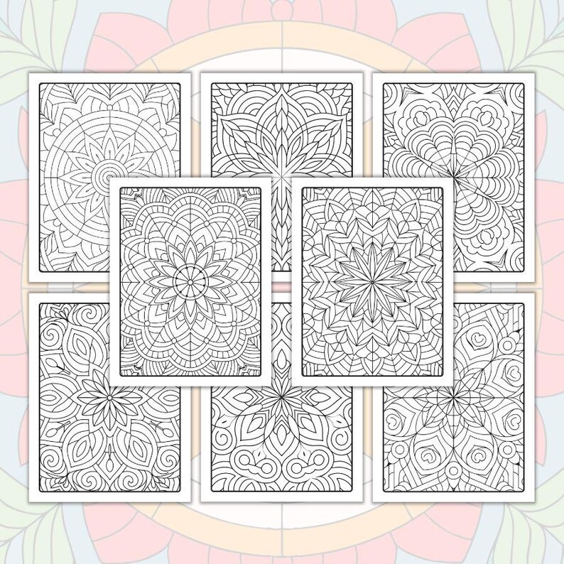 May include: Set of eight black and white mandala coloring pages. Each page features a different intricate design with geometric patterns.