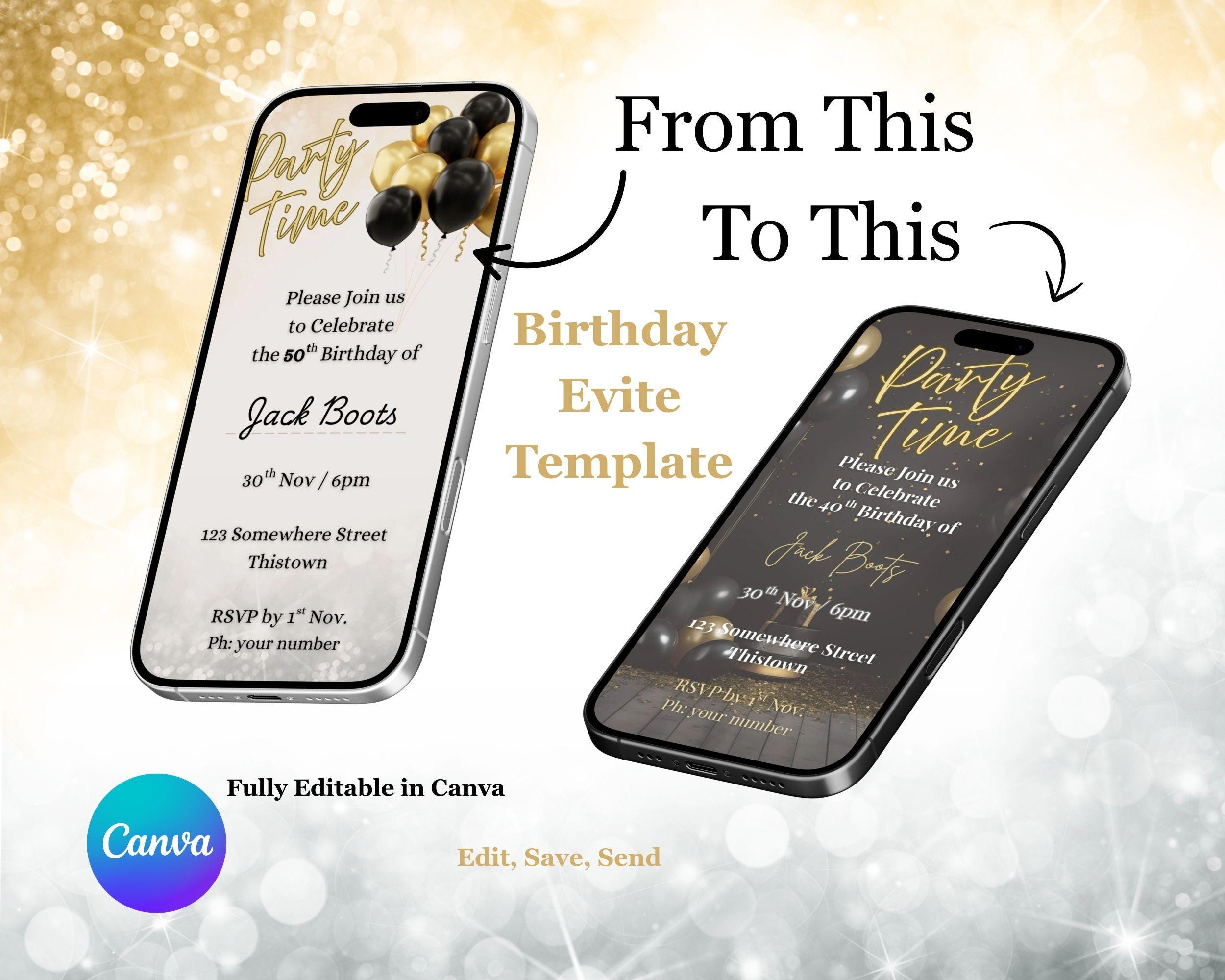 Birthday Evite Template, Editable Birthday Invitation, Party E-invite, Mobile Phone Evite, Digital party invite, Edit in Canva, Event invite