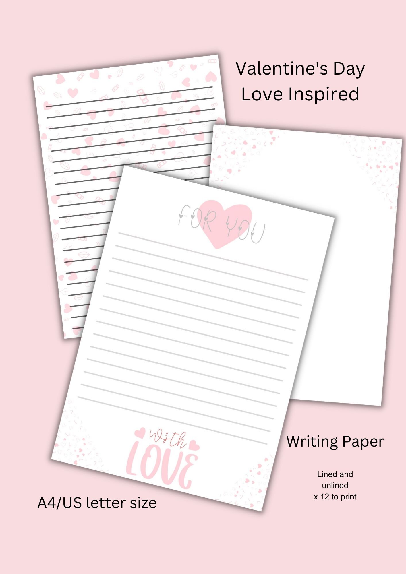 Love Writing Paper, Love Notes Paper, Valentine's Day Stationary, Pink ...