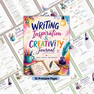 May include: A Writing Inspiration & Creativity Journal with 35 printable pages. The cover features watercolor illustrations of a lightbulb, a quill in an inkwell, and an open book with the text: Every word you write is a step toward your best story.
