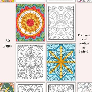 May include: A set of 30 printable mandala coloring pages. The pages feature intricate designs with geometric patterns in black and white. Print one or all of the pages as often as desired.