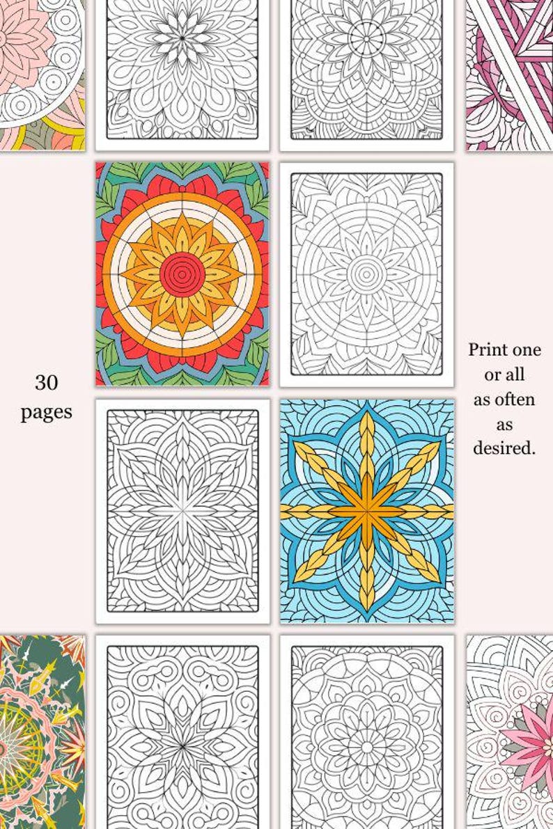 May include: A set of 30 printable mandala coloring pages. The pages feature intricate designs with geometric patterns in black and white. Print one or all of the pages as often as desired.