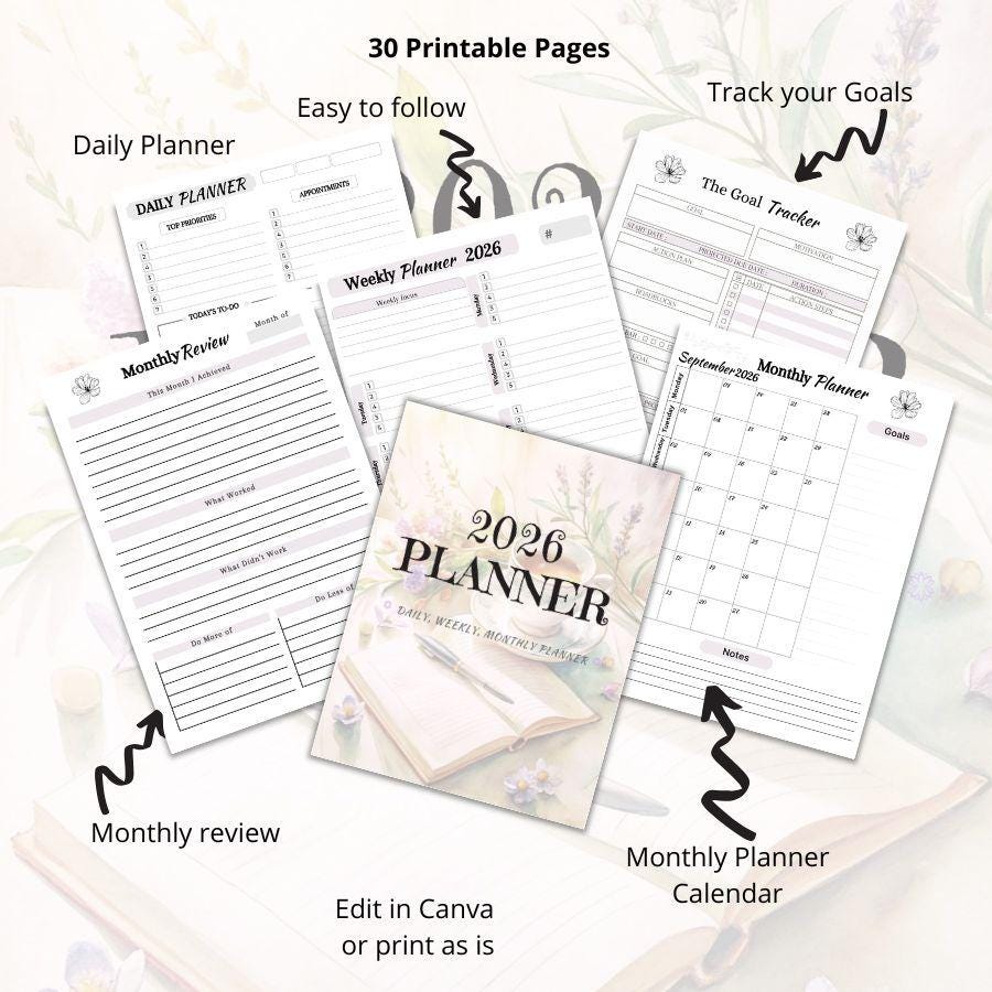 Planner: Daily, Weekly, Monthly and 2026 Calendar (editable Canva ...