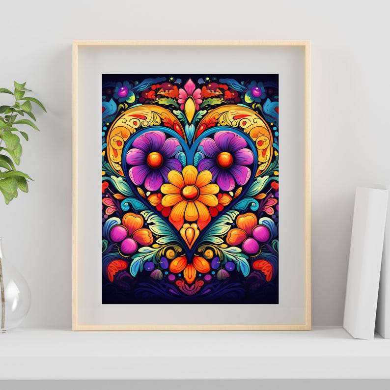 May include: A colorful heart-shaped design with intricate floral patterns and bright colors, including purple, yellow, orange, and green, on a dark blue background.
