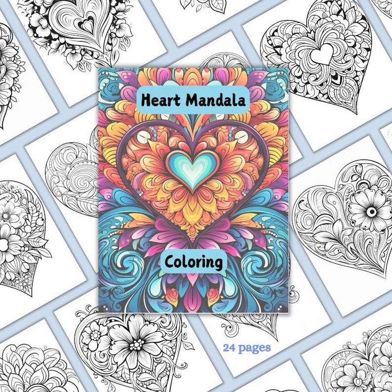 May include: A coloring book cover with a colorful heart mandala design. The title "Heart Mandala Coloring" is printed in white on a blue banner. The cover also includes the text "24 pages".