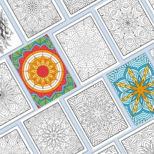 May include: A set of nine printable coloring pages featuring intricate mandala designs. Each page features a different design with a variety of shapes and patterns.