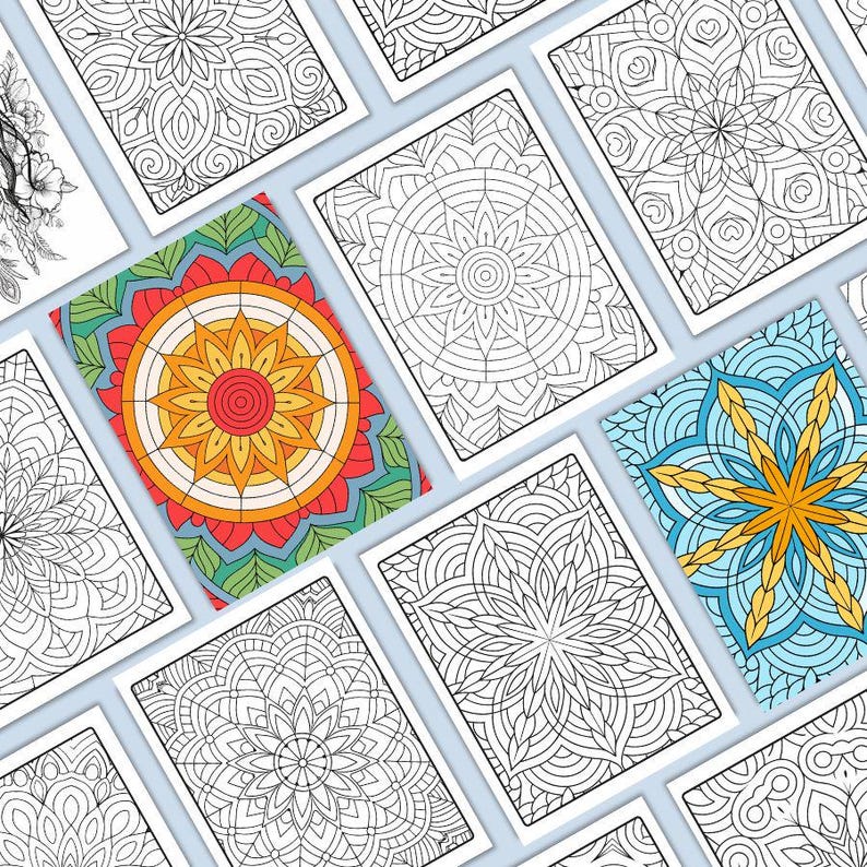 May include: A set of nine printable coloring pages featuring intricate mandala designs. Each page features a different design with a variety of shapes and patterns.