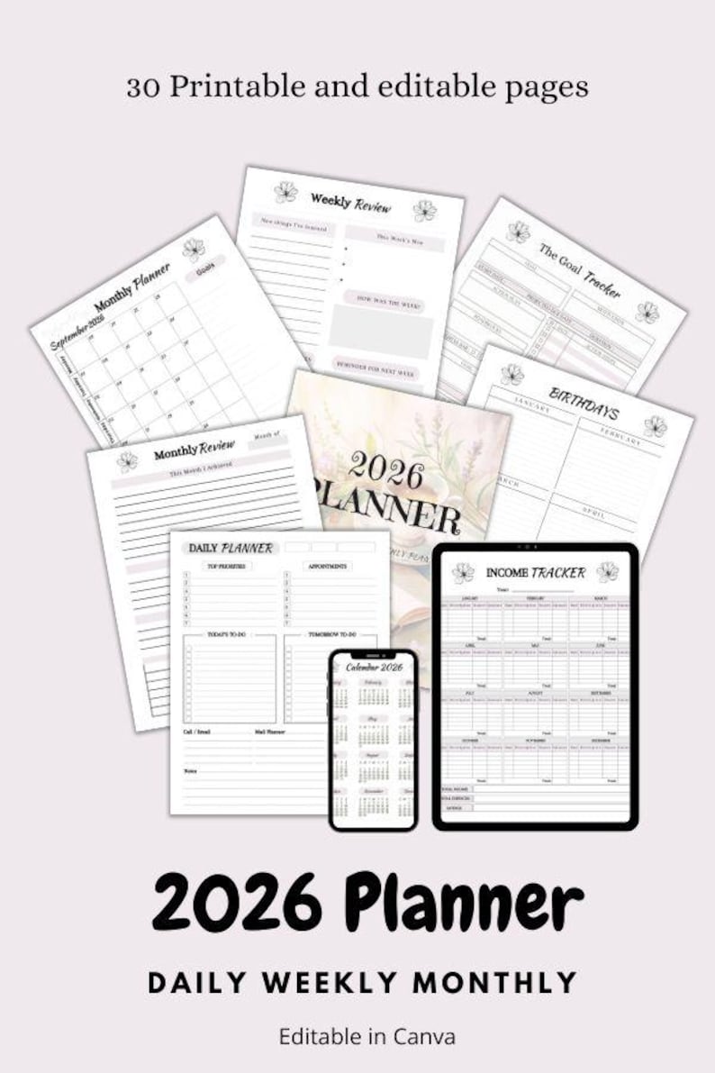 2026 Planner: Daily, Weekly, Monthly Calendar (editable Canva Template ...