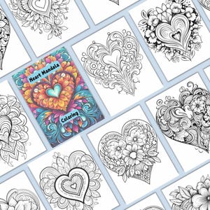 May include: A set of coloring pages featuring intricate heart mandalas. Each page has a different design, with some featuring floral elements. The title of the set is "Heart Mandala Coloring".