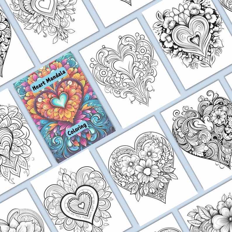 May include: A set of coloring pages featuring intricate heart mandalas. Each page has a different design, with some featuring floral elements. The title of the set is "Heart Mandala Coloring".