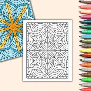 May include: A black and white mandala coloring page with intricate geometric patterns. The design features a central star shape surrounded by overlapping circles and leaves.