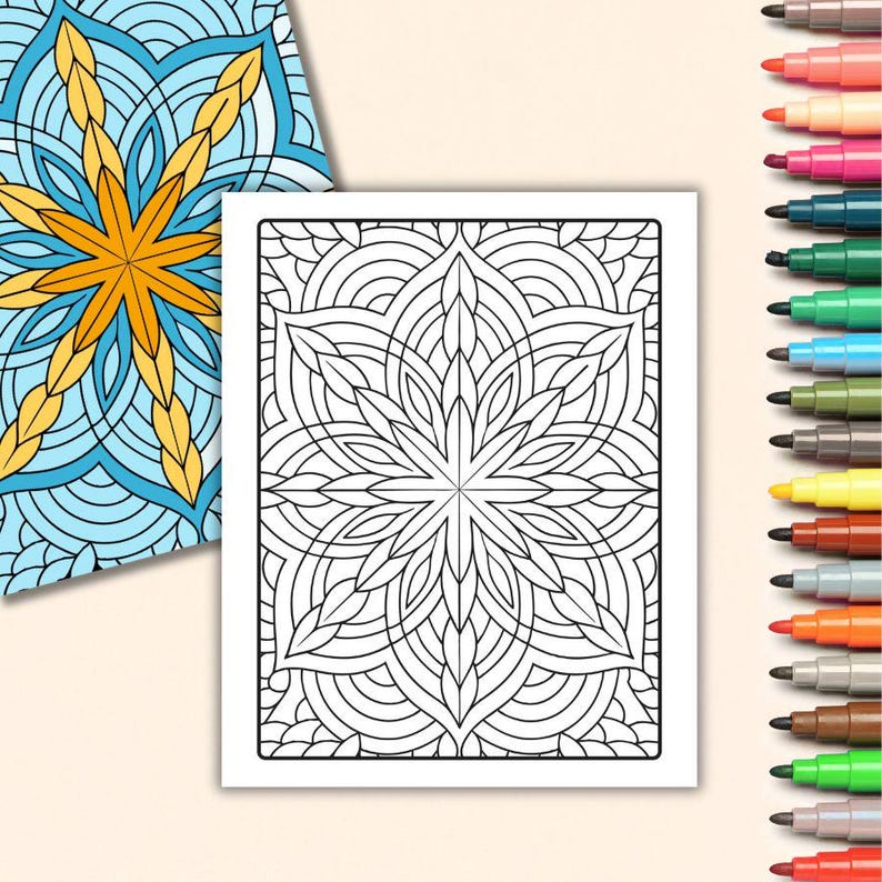 May include: A black and white mandala coloring page with intricate geometric patterns. The design features a central star shape surrounded by overlapping circles and leaves.