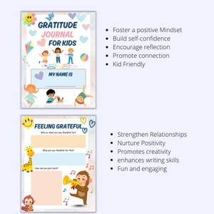 May include: A printable gratitude journal for kids with the title "Gratitude Journal for Kids". The journal includes pages with prompts and illustrations, such as a giraffe and a monkey playing a trumpet. The journal has 18 printable pages.