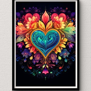 May include: A colorful heart-shaped design with intricate details, surrounded by a vibrant floral pattern. The heart is blue and green, while the flowers are red, yellow, orange, and purple. The background is black.