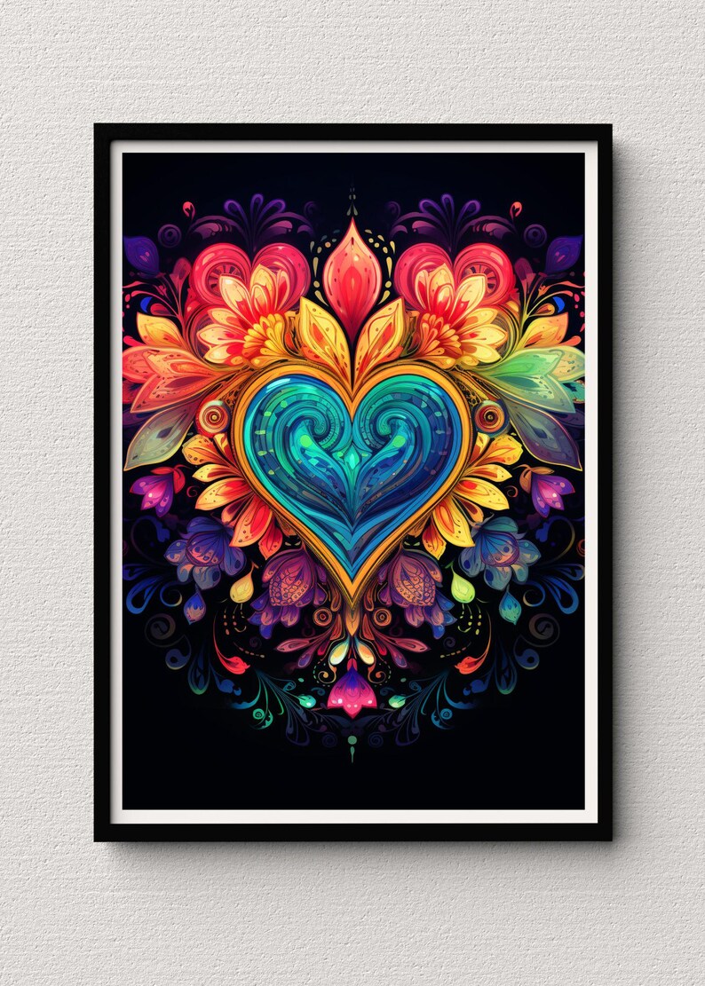 May include: A colorful heart-shaped design with intricate details, surrounded by a vibrant floral pattern. The heart is blue and green, while the flowers are red, yellow, orange, and purple. The background is black.