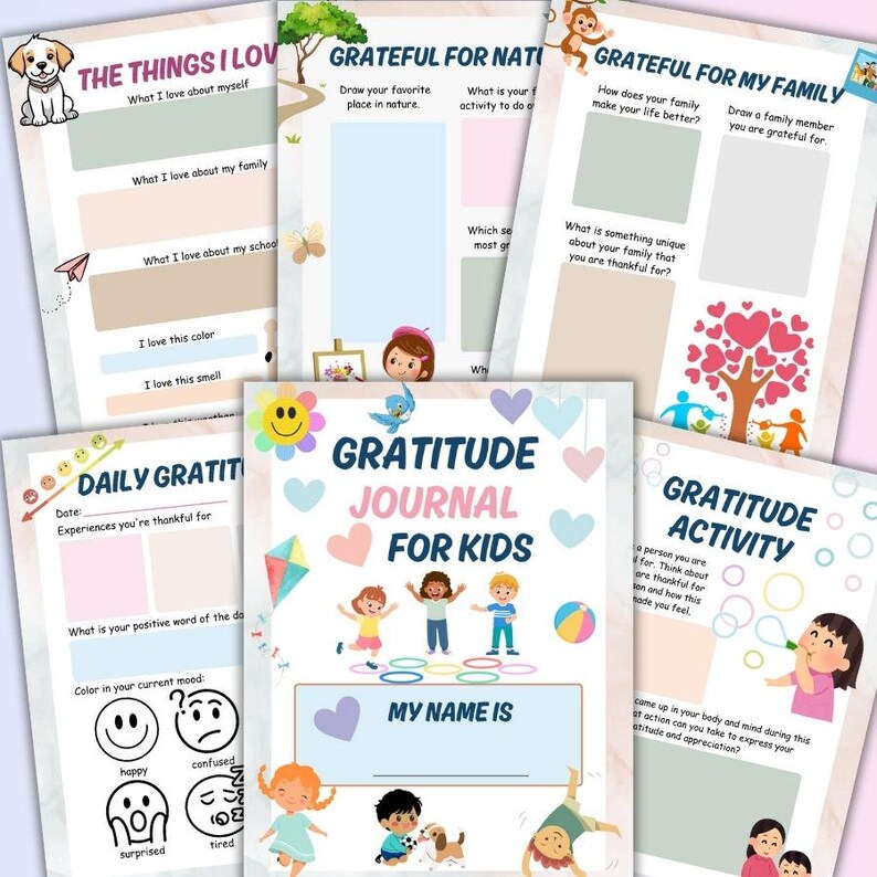 May include: A collection of colorful gratitude journals for kids, featuring various prompts and activities. The journals have illustrations of children, hearts, and other playful elements. Text includes "Gratitude Journal for Kids" and prompts like "What I love about myself."