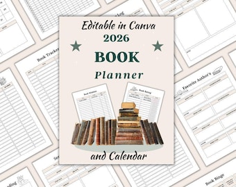 2026 Book Reading Planner: Editable Canva Template, Printable Tracker (50pgs) (Digital Download) includes Calendar.