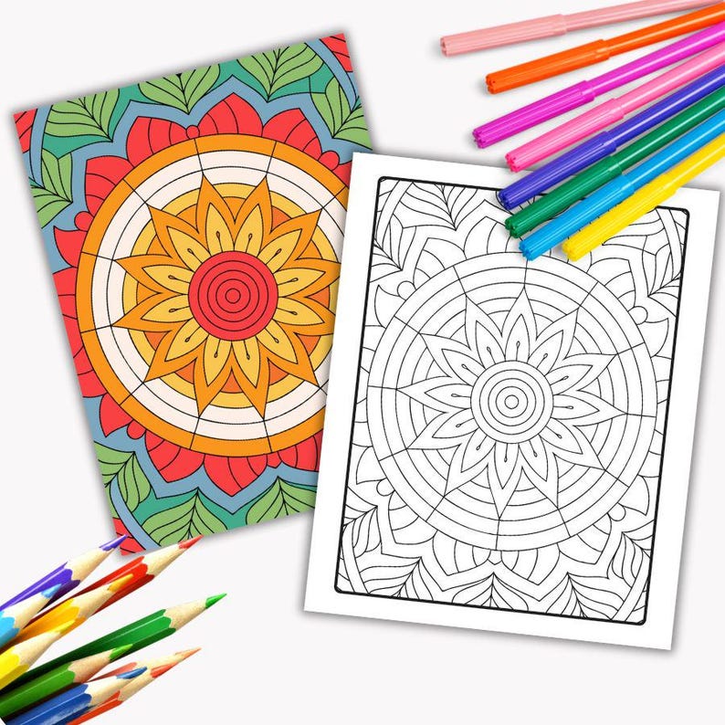 May include: Two mandala coloring pages, one with a colorful mandala design and the other with a black and white outline. The colorful mandala has a red, orange, and yellow color scheme. The pages are surrounded by colored pencils and markers.