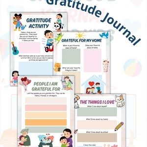 May include: Printable gratitude journal pages with colorful illustrations. Includes prompts for gratitude activities, favorite places, people, and things. Encourages creativity and positivity. Features text: "Gratitude Journal".