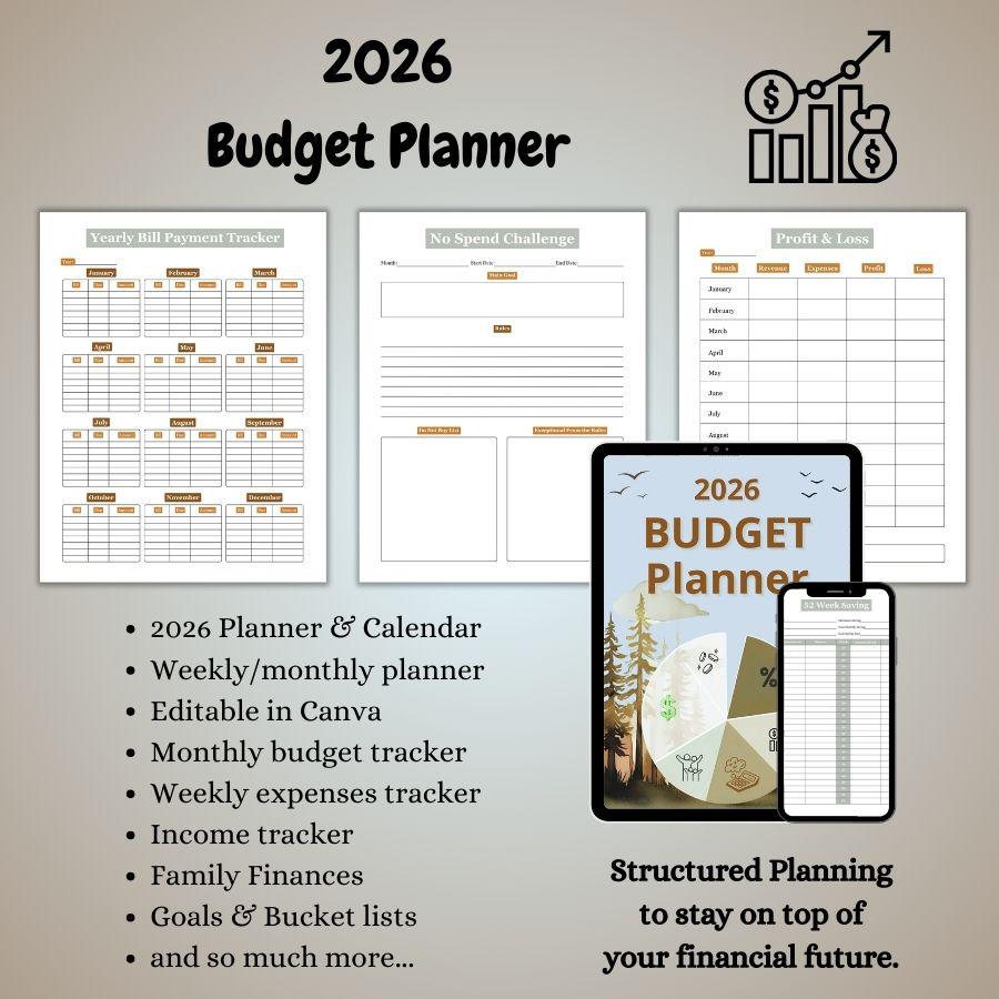 2026 Budget Planner. Printable Financial Organizer. Editable in Canva