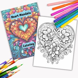 May include: A black and white coloring page featuring a heart-shaped design with intricate floral details. The title "Heart Mandala Coloring" is displayed at the top of the page.