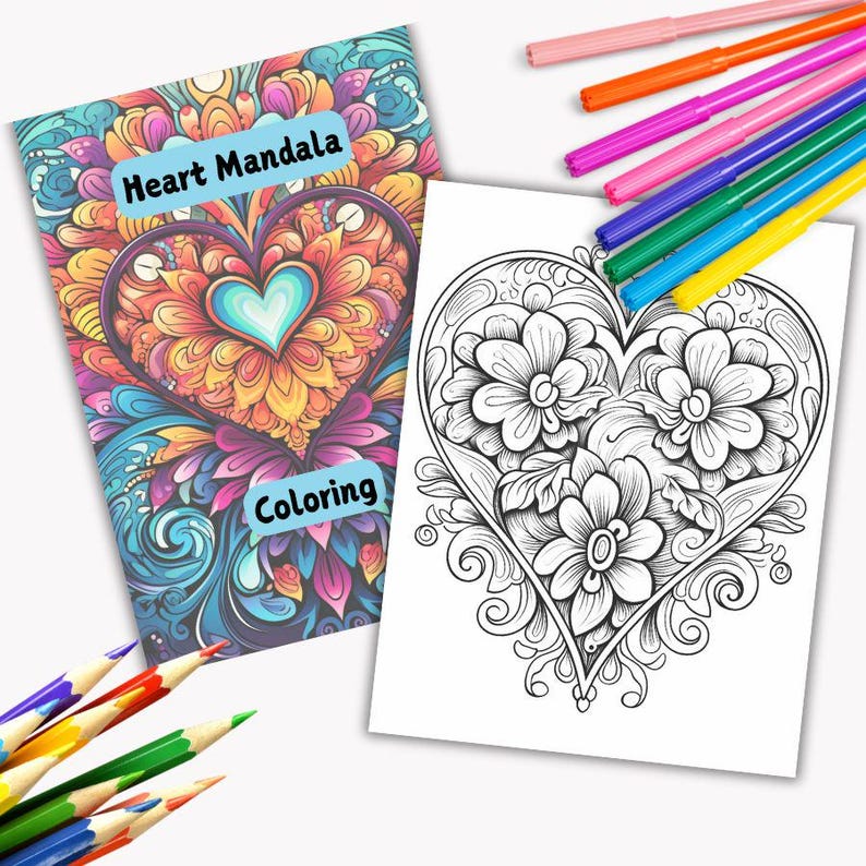 May include: A black and white coloring page featuring a heart-shaped design with intricate floral details. The title "Heart Mandala Coloring" is displayed at the top of the page.