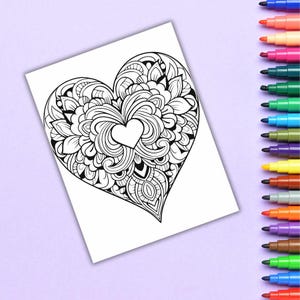 May include: A black and white printable coloring page featuring a heart-shaped design with intricate details. The heart is filled with swirls, lines, and patterns, making it a fun and challenging coloring project.
