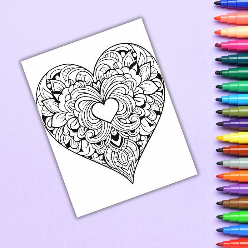 May include: A black and white printable coloring page featuring a heart-shaped design with intricate details. The heart is filled with swirls, lines, and patterns, making it a fun and challenging coloring project.