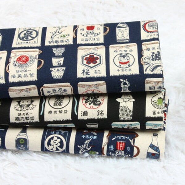 Classical Winebottle Cup Fabric Japanese Sake Fabric, Cartoon Fabric, Cotton Fabric by the half yard