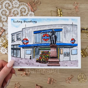 Postal de acuarela de Londres, estación Tooting Broadway, línea Northern, impresión de arte