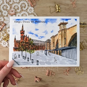 Postal de acuarela de Londres, King's Cross St Pancras, impresión de arte
