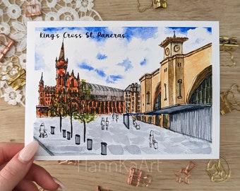 London watercolour postcard, King's Cross St Pancras, art print