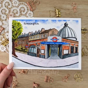 Londen aquarel ansichtkaart, Kennington Station, Northern Line, kunstprint
