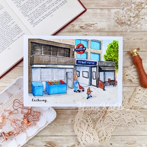 Carte postale aquarelle de Londres, gare Archway, ligne Northern, impression d'art