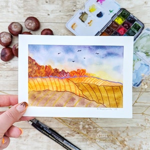 Mini pittura ad acquerello, arte tecnica mista, paesaggio ad acquerello, non montato