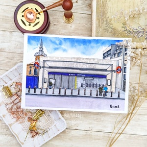 Aquarelle carte postale de Londres, banque, Northern Line, impression d'art