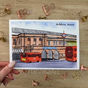 Cartolina dell'acquerello di Londra, stazione Golders Green, stampa d'arte