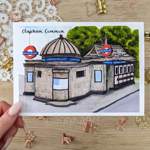 London watercolour postcard, Clapham Common station, Northern line, art print