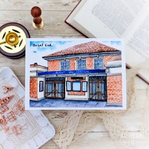 Londen aquarel ansichtkaart, Burnt Oak Station, kunstprint