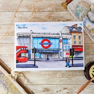 London Aquarell Postkarte, Brixton, Victoria Line, Kunstdruck