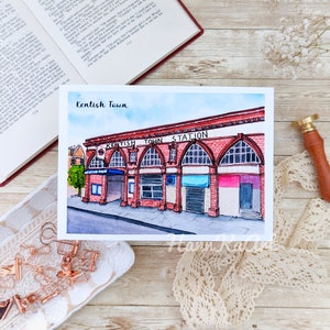 Pocztówka akwarelowa z Londynu, stacja Kentish Town, linia Northern, wydruk artystyczny