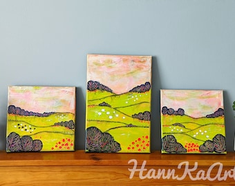 Mixed media quirky landscape painting, original canvas painting, whimsical art, quirky art